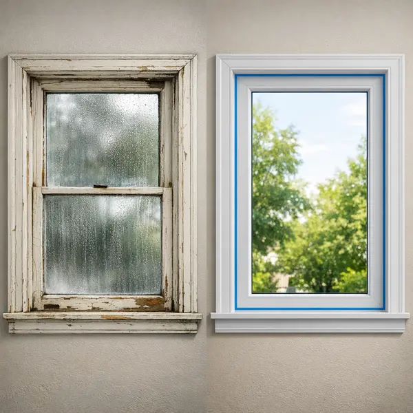 Old and modern window frames showing causes and benefits of window & door replacement.
