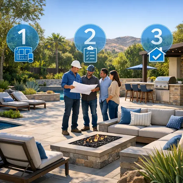 Backyard transformations process in Agoura Hills showing planning, consultation, and construction work in progress