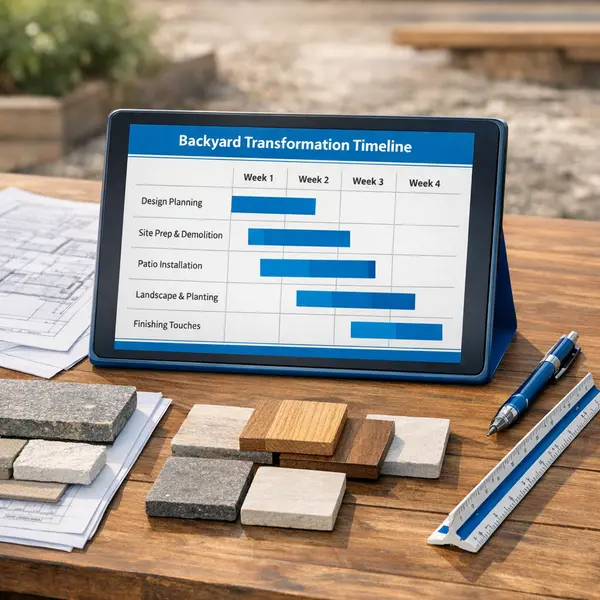 Step-by-step backyard transformations process shown on a project timeline with materials and plans.