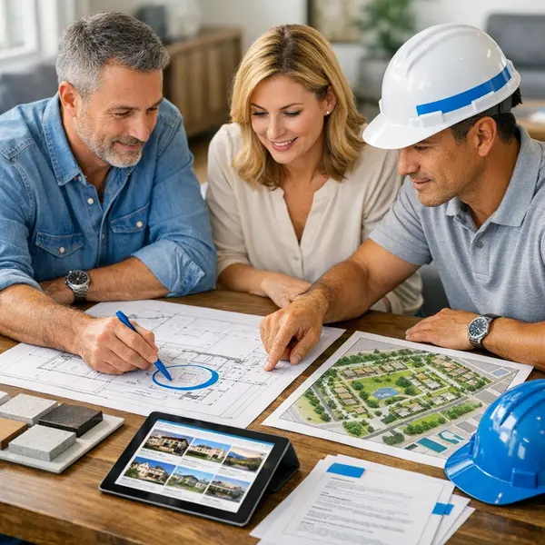 Collaborative planning session examining new construction developments near me with blueprints and a digital map.