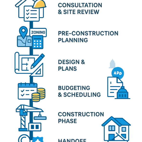 Step-by-step infographic of the new construction process in Los Angeles, guiding property owners from consultation to project completion.