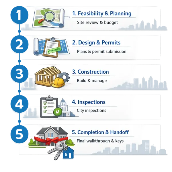 New Construction in Los Angeles lifecycle infographic showing five major phases from feasibility to completion.