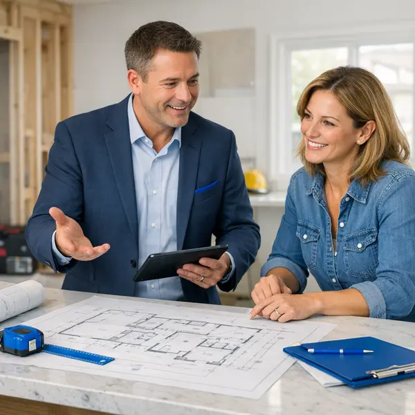 Project manager and homeowner reviewing new construction blueprints together during planning in Winnetka