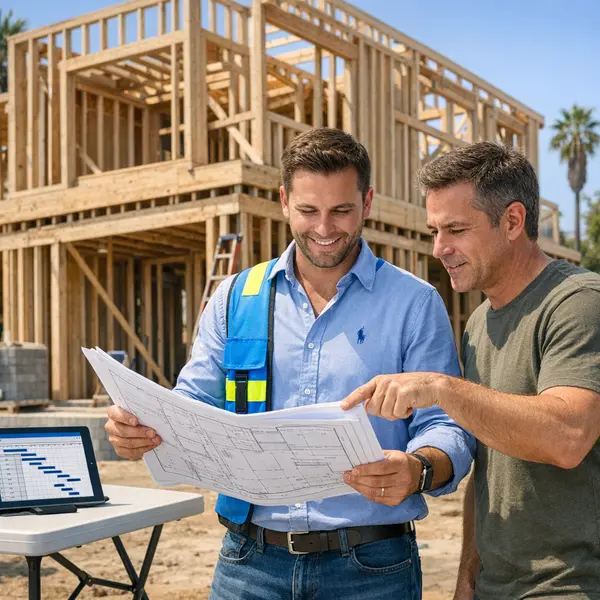 Project manager and homeowner review new construction plans at Los Angeles jobsite with clear structure progress.
