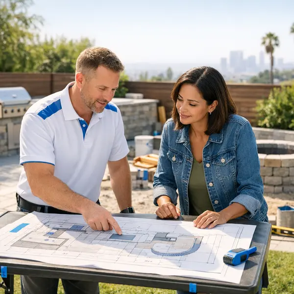 Project manager and homeowner reviewing plans for outdoor kitchen, BBQ, and fire pit construction in a modern backyard.