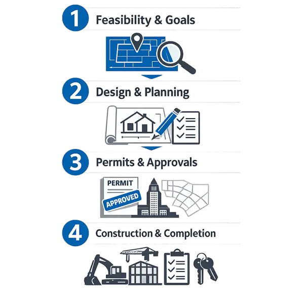 Step-by-step infographic showing the New Construction in Los Angeles process from feasibility and design to final completion