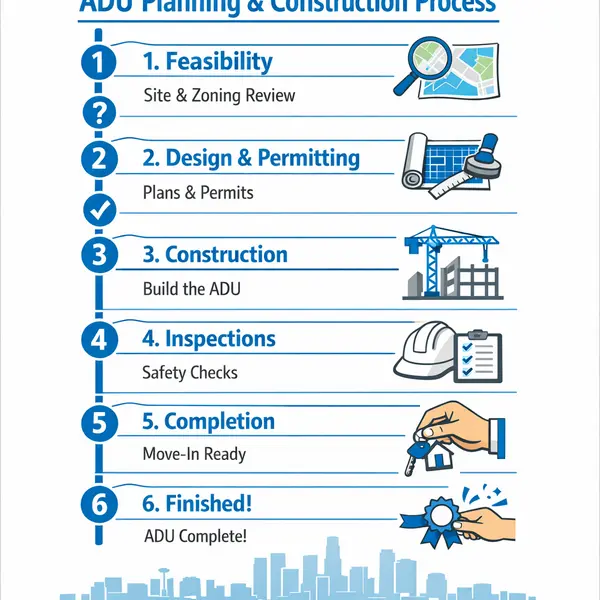 Step-by-step infographic showing the accessory dwelling units ADU California planning and construction process in a clear timeline format