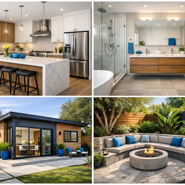 Collage of completed backyard transformations, kitchen, bathroom, and ADU in Los Angeles homes
