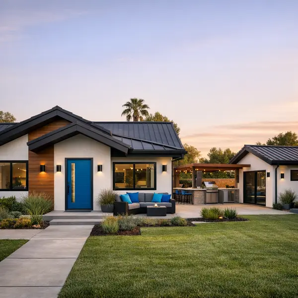 Modern home featuring coordinated roofing services, new ADU, and backyard upgrades reflecting integrated construction.