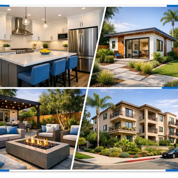 Collage of premium residential and commercial construction projects by Alvapareen Construction including kitchen remodel, ADU, backyard, and multi-unit building.