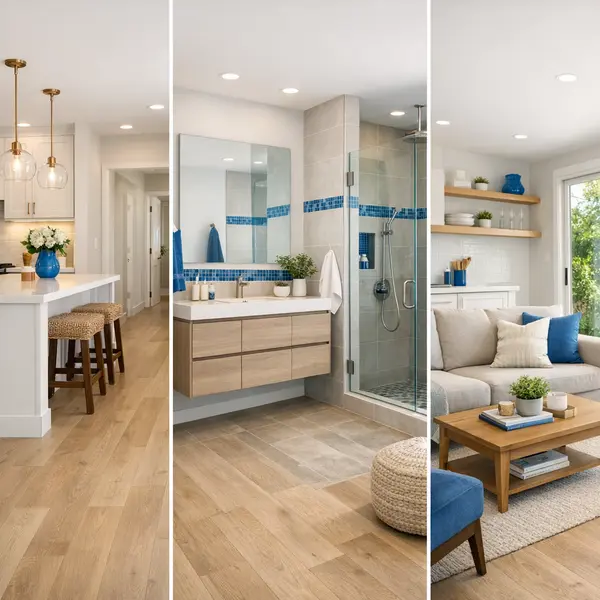 Collage of remodeled kitchen, bathroom, and ADU spaces with cohesive floors services throughout each area.