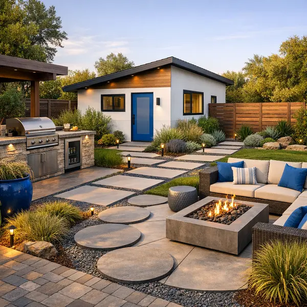 Integrated outdoor landscape services featuring ADU, kitchen, and backyard lounge in a cohesive design
