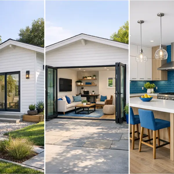Collage of modern backyard transformations including ADU, garage conversion, and kitchen remodel projects.