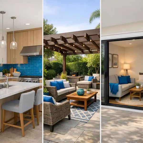 Montage of kitchen remodel, outdoor living, and ADU projects representing bathroom remodeling in Tarzana