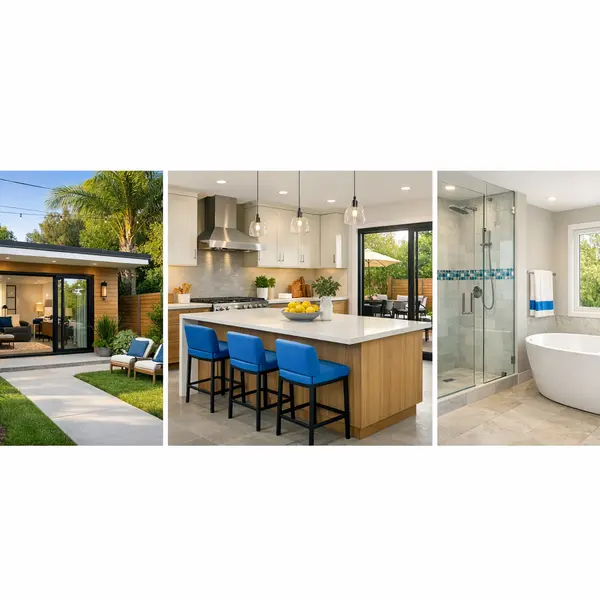 Backyard transformations overview showing ADU, remodeled kitchen, and modern bathroom for Tarzana homeowners