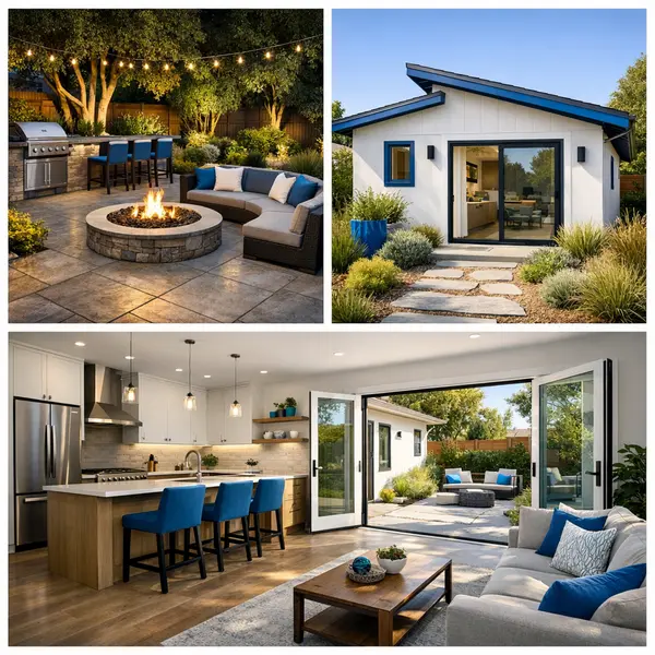 Grid display of backyard transformations featuring outdoor kitchen, ADU, and renovated interiors in Sherman Oaks.