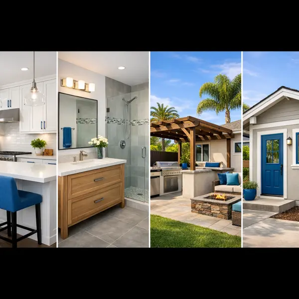 Montage showing how home painting services enhance kitchens, bathrooms, outdoor spaces, and ADUs.