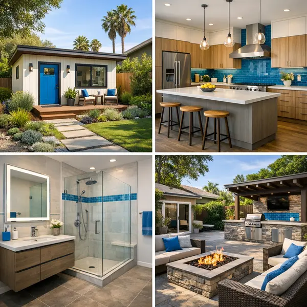 Montage of new construction projects in Sherman Oaks, featuring ADU, modern kitchen, bathroom, and outdoor living area.