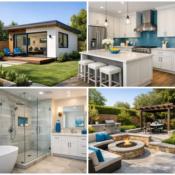 A collage of new construction projects in Winnetka featuring ADU, kitchen, bathroom, and backyard spaces.