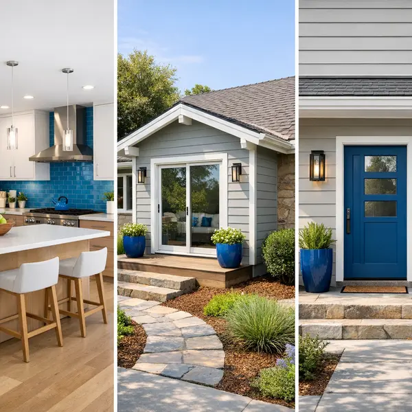 Collage showing new construction services including kitchen remodel, home addition, and updated facade by Alvapareen Construction