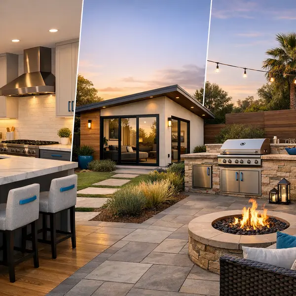 Montage showing backyard transformations in Agoura Hills: modern kitchen, ADU, and outdoor kitchen area.