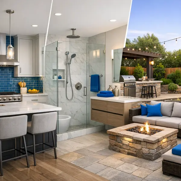 Collage showing outdoor kitchen, modern bathroom, and renovated kitchen for outdoor kitchen, BBQ & fire pit projects