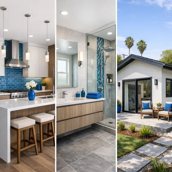 Collage featuring remodeled kitchen, luxury bathroom, and ADU exterior for bathroom remodeling in Los Angeles.