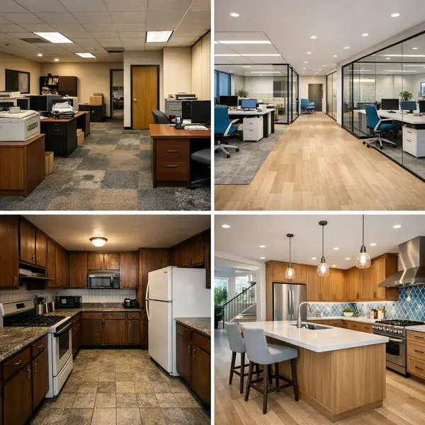Side-by-side before and after examples of commercial and residential remodeling with modernized designs.