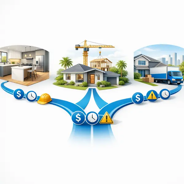 Infographic showing decision paths for commercial and residential remodeling, new construction, or moving options
