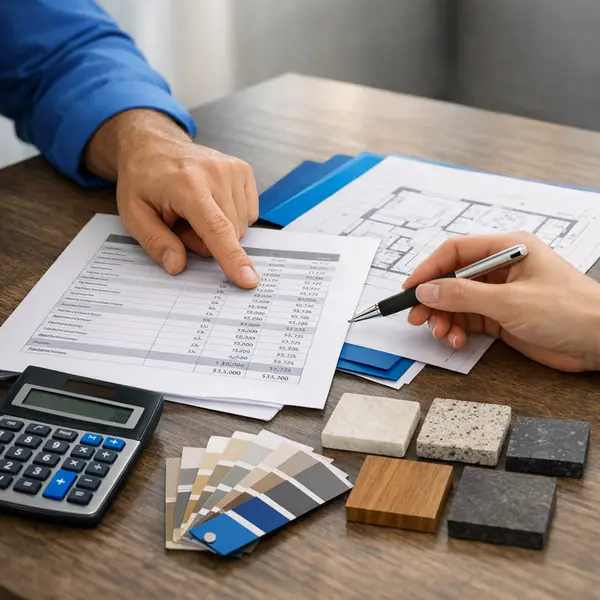 Contractor and client reviewing Commercial & Residential Remodeling budget with material samples and plans