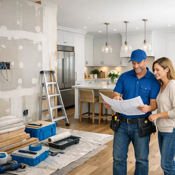 In-progress Commercial & Residential Remodeling with tools and a finished kitchen in the background