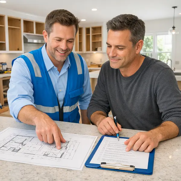 Project manager and client reviewing Commercial & Residential Remodeling plans in a bright updated Los Angeles kitchen.