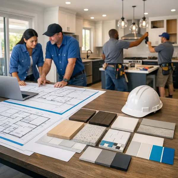 Project management table with plans, samples, and a crew coordinating a Commercial & Residential Remodeling project