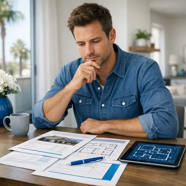 Homeowner comparing roofing services proposals and plans in a bright, modern setting.