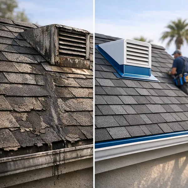 Split-view showing damaged and repaired roofing surfaces as part of professional roofing services
