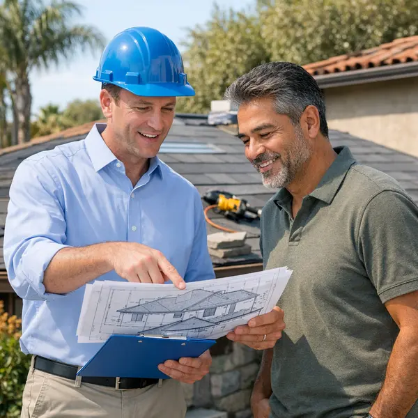 Project manager discussing roofing services with a homeowner and reviewing plans during an active roofing project
