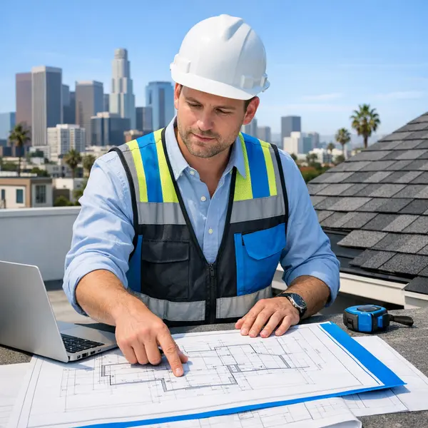 Project manager reviewing roofing plans and costs to ensure accurate roofing services estimates