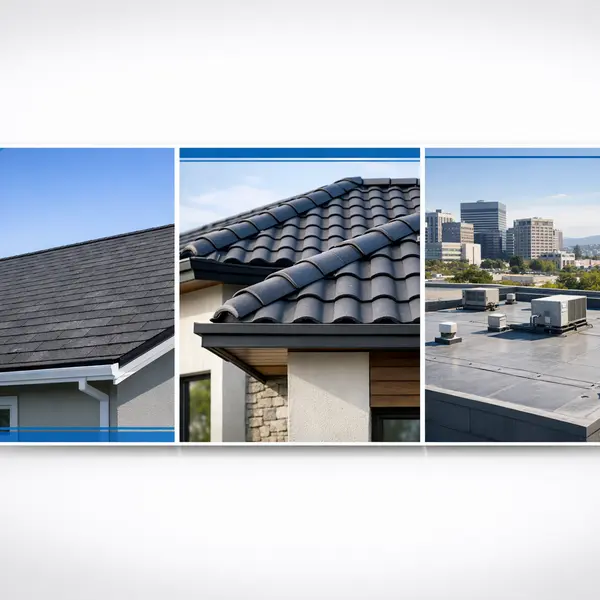 Collage of shingle, tile, and flat roofs representing Alvapareen Construction’s roofing services expertise