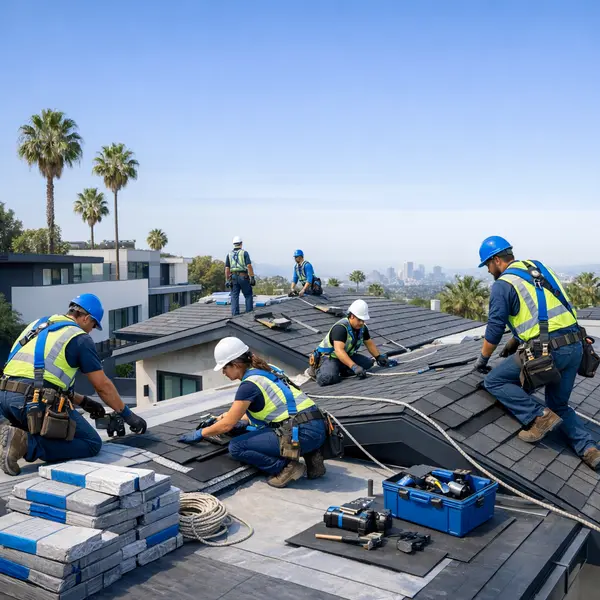 Roofing services crew installing a modern home roof with safety gear and quality materials, ensuring reliable results.