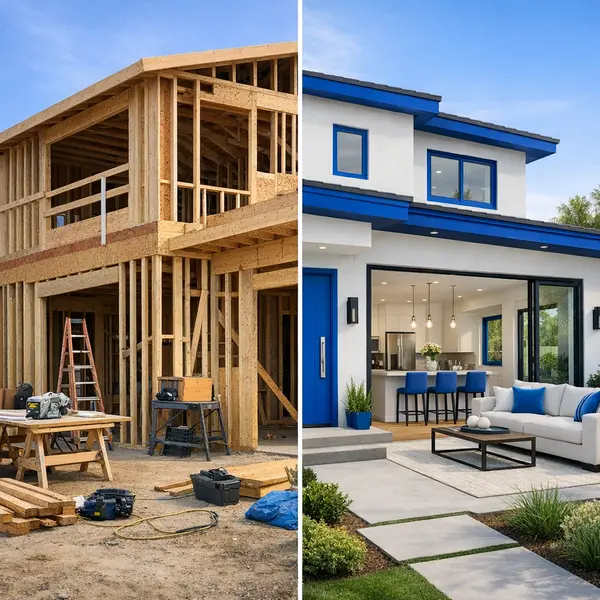 Split-view of a Tarzana new construction home, from framing stage to finished modern living space