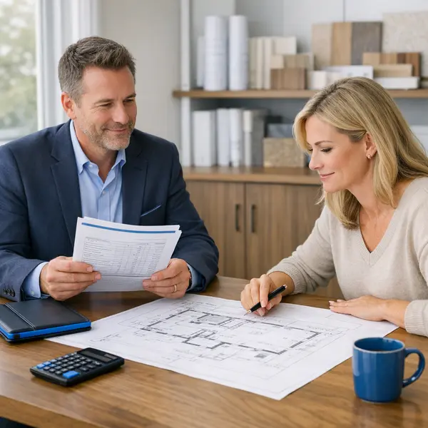 Project manager and homeowner reviewing new construction budget and plans together in Tarzana