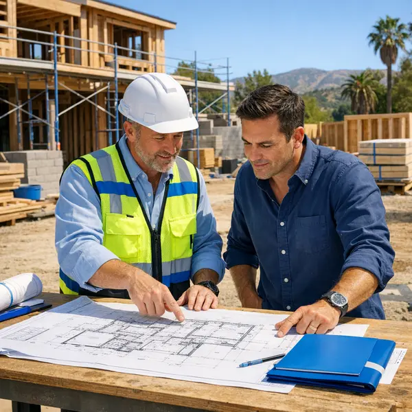 Project manager discussing new construction plans with a homeowner on an organized Tarzana building site