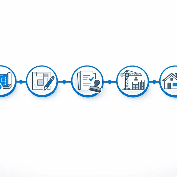 Five-step new construction process timeline infographic for Tarzana projects