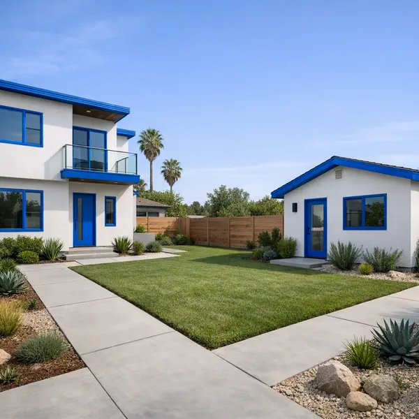 Modern new construction with main home and ADU on one Tarzana property featuring blue accents