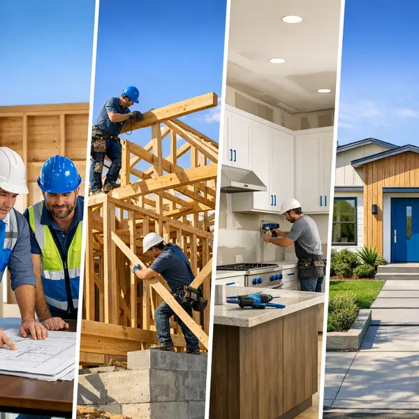 Collage of new construction stages, from blueprints to finished home, reflecting a Tarzana project.