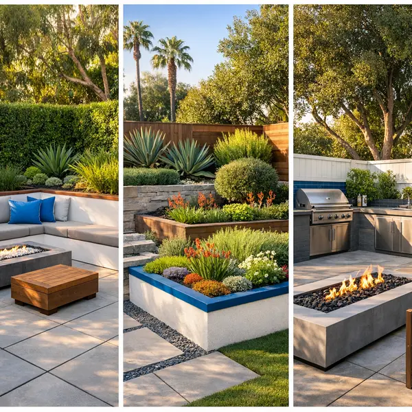Collage showing backyard transformations with patio, landscaping, and outdoor kitchen in Agoura Hills.