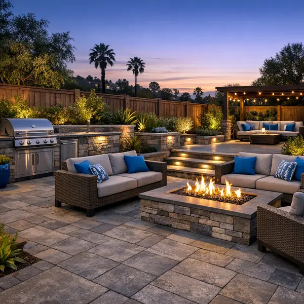 Backyard transformation in Sherman Oaks featuring patio, outdoor kitchen, lighting, and fire pit.