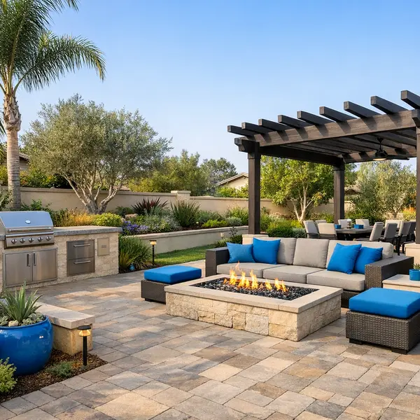 Complete backyard transformations in Tarzana featuring modern patios, pergolas, kitchen, and layered landscaping
