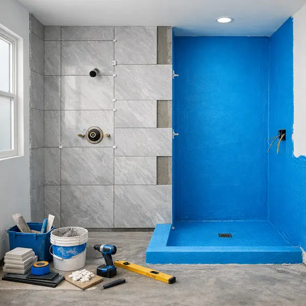 Professional bathroom remodeling in Los Angeles showing tile installation and waterproofing details in progress