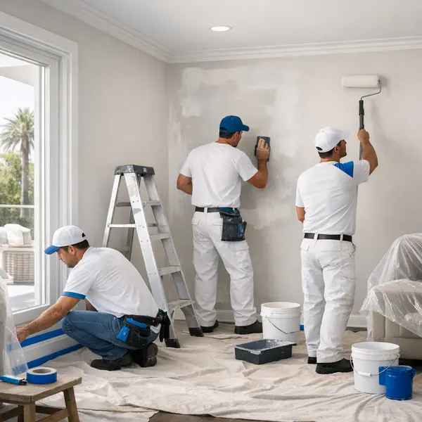 Painting crew prepping and painting a modern home interior as part of professional home painting services